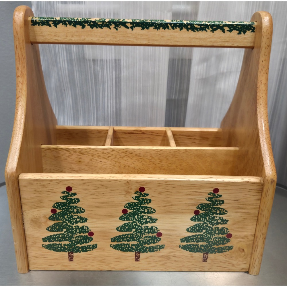 Vintage Furio 1998 Wooden Christmas Tree Flatware Caddy Holiday Table Organizer